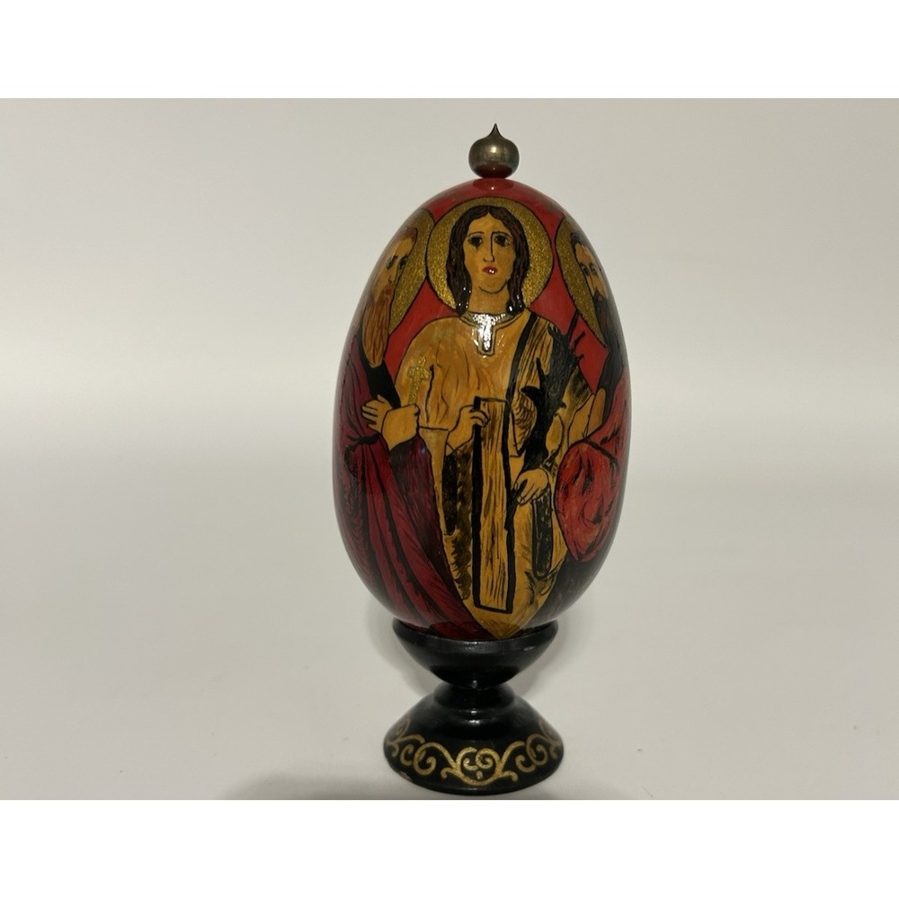 Vintage Russian Intricately Painted Wooden Religious Egg "Trinity" Metal Finial